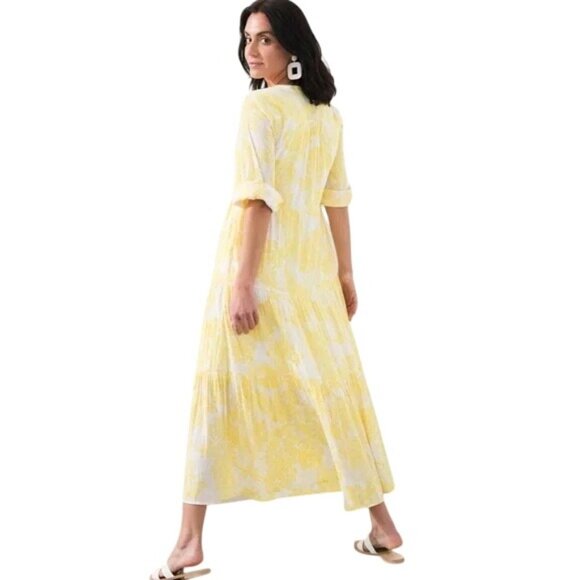 Chicos Maxi Dress Size 12/14 Tiered Paisley Print 3/4 Sleeve White Yellow Boho - Picture 2 of 9